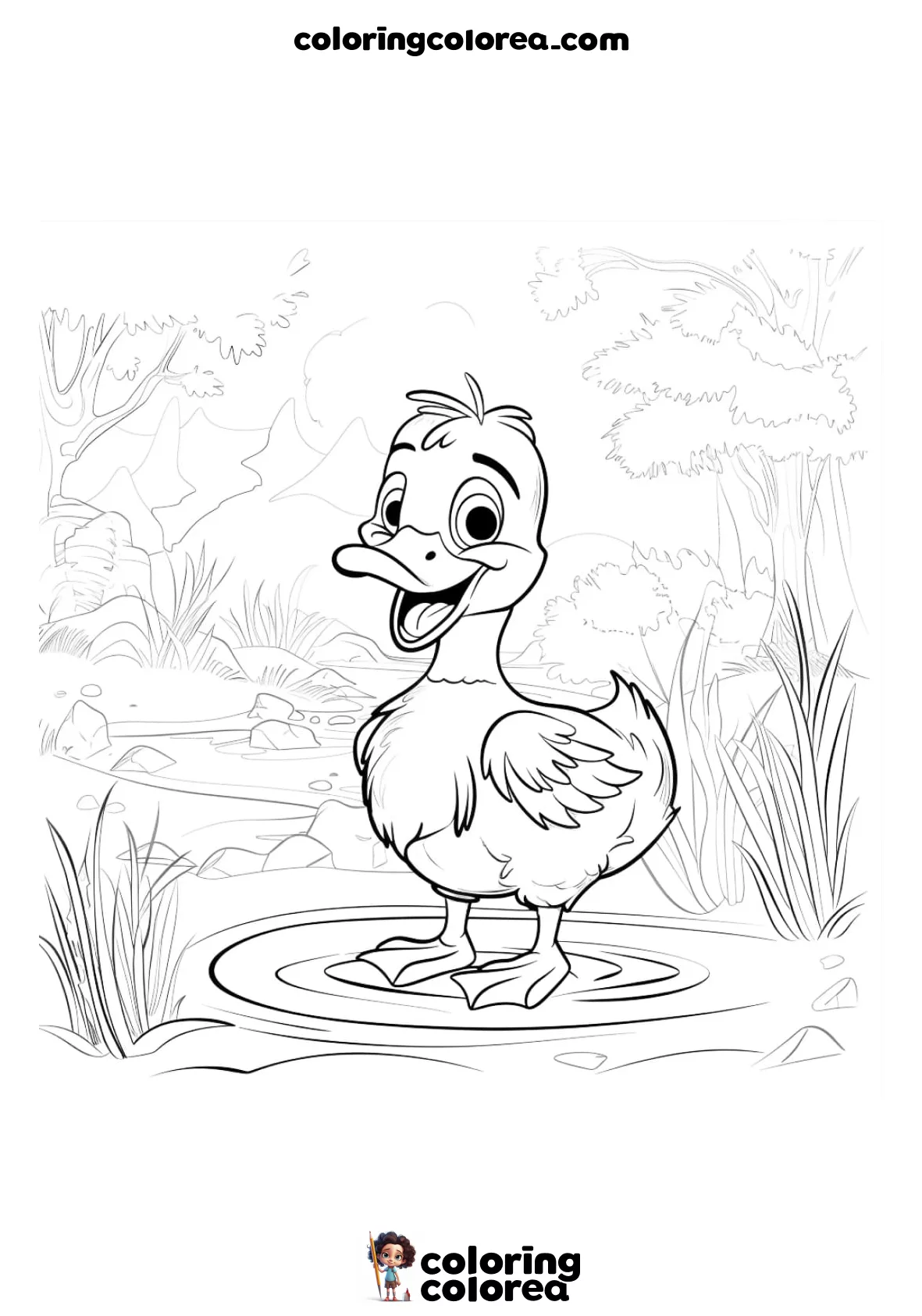 Dibujo para colorear gratis de un pato en el estanque