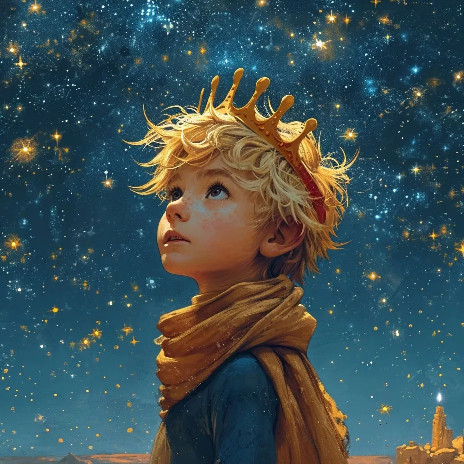 Preciosa ilustración de El Principito mirando maravillado las estrellas