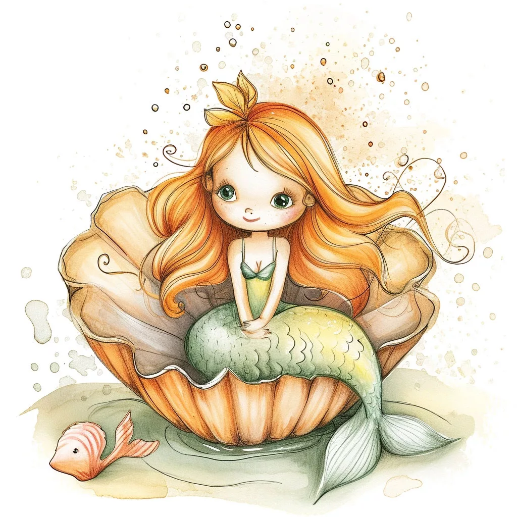 Ilustración de una sirena sentada en la concha de una ostra gigante