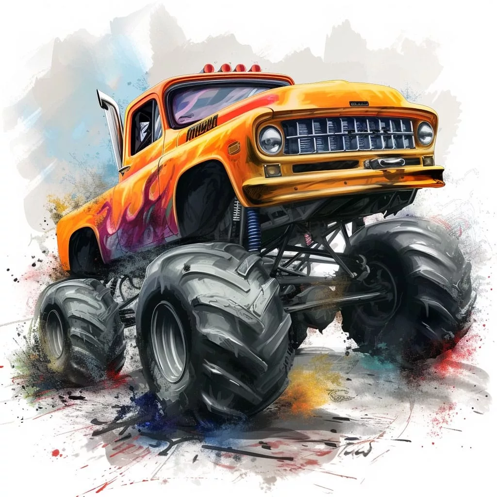 Dibujo de una furgoneta monstertruck con sus grandes ruedas