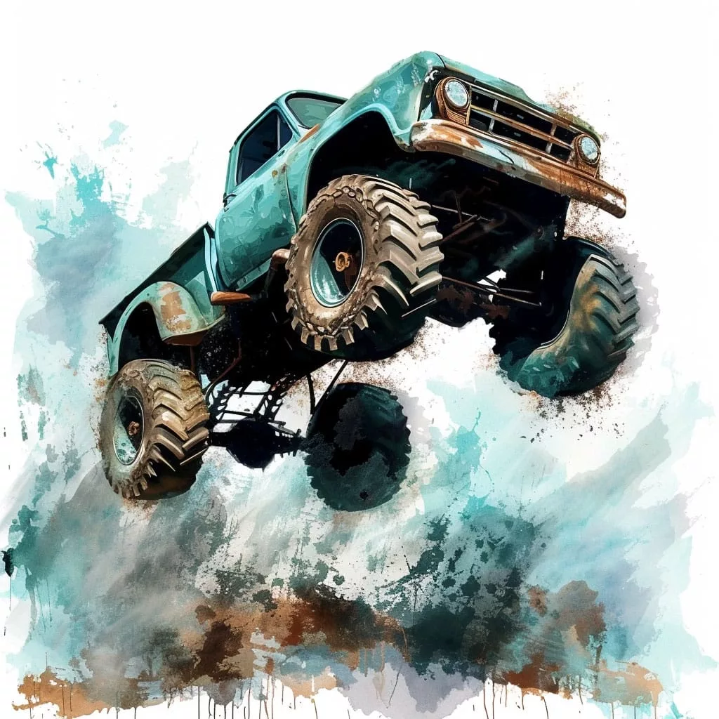 Dibujo de un vehículo monstertruck realizando un salto