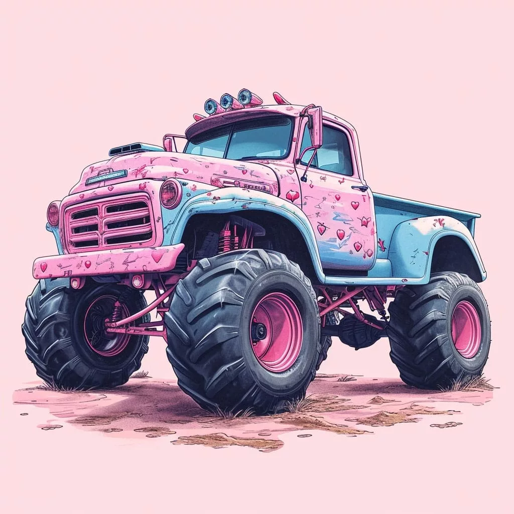 Dibujo de un monstertruck de color rosa y zul