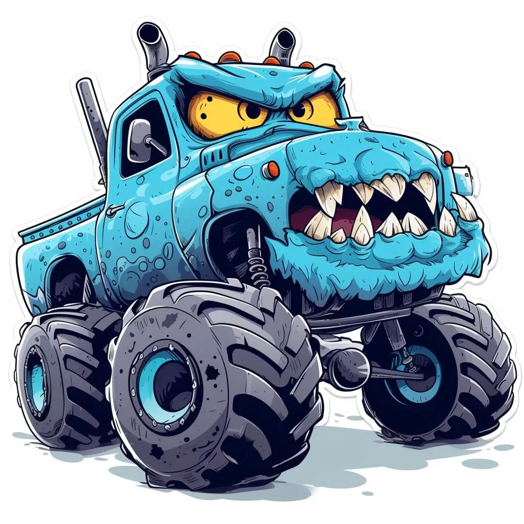 Ilustración de un camion monstertruck caracterizado con una cara feroz