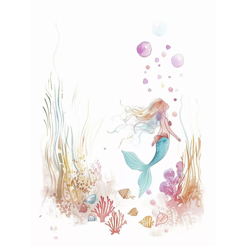 Ilustración de una sirena nadando en el fondo del mar