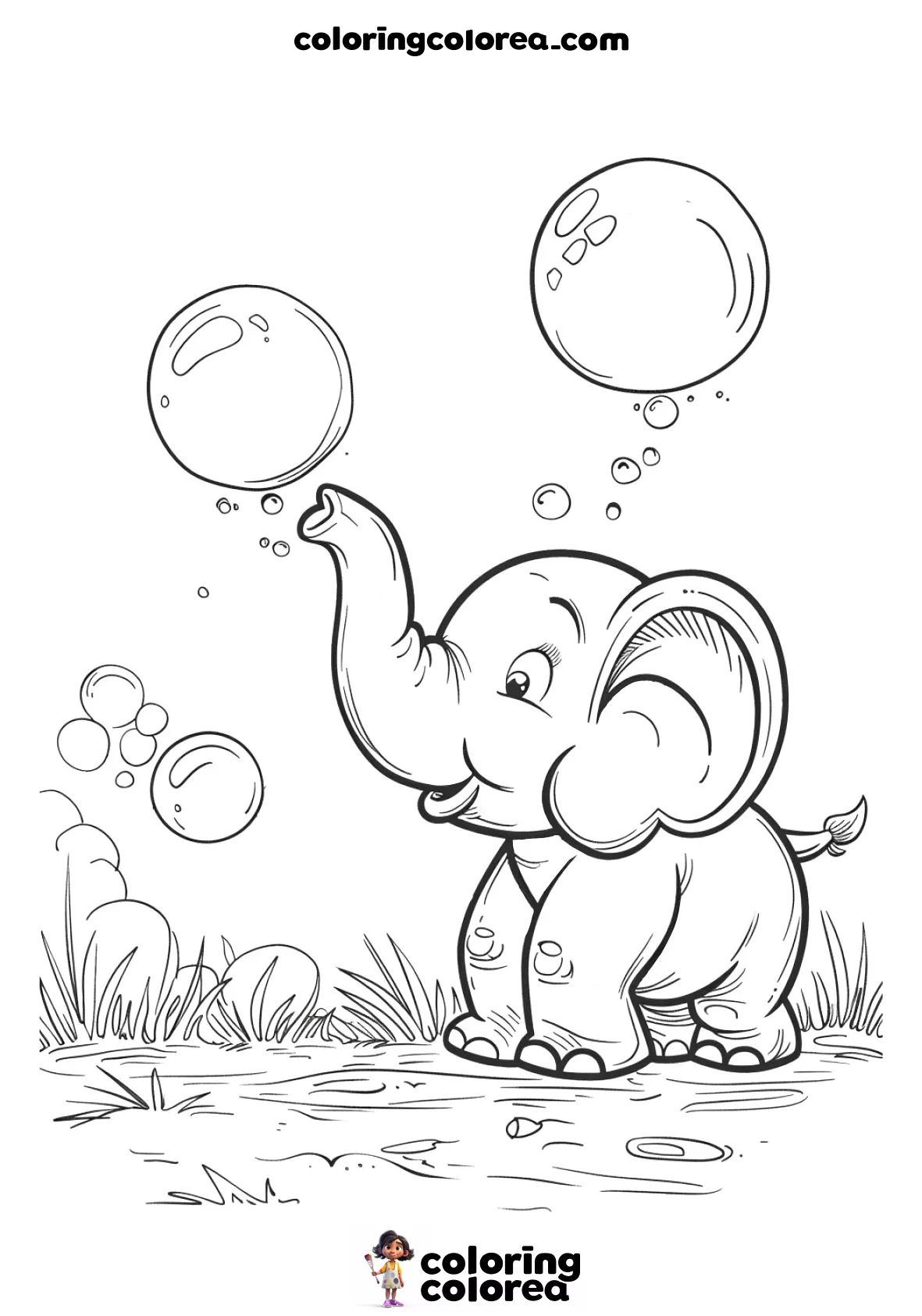Dibujo para colorear de un pequeño elefante haciendo pompas con su trompa