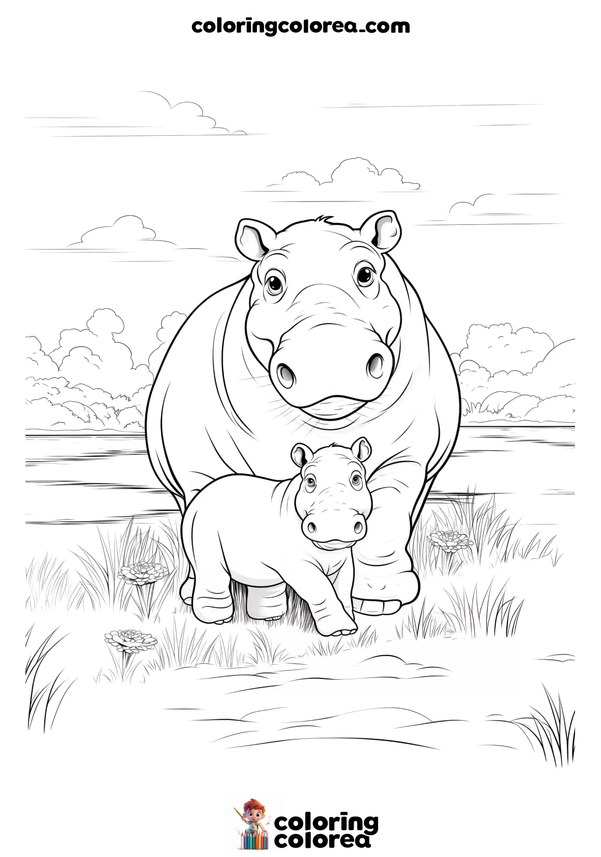 Dibujo para colorear gratis de un hipopótamo y su cria