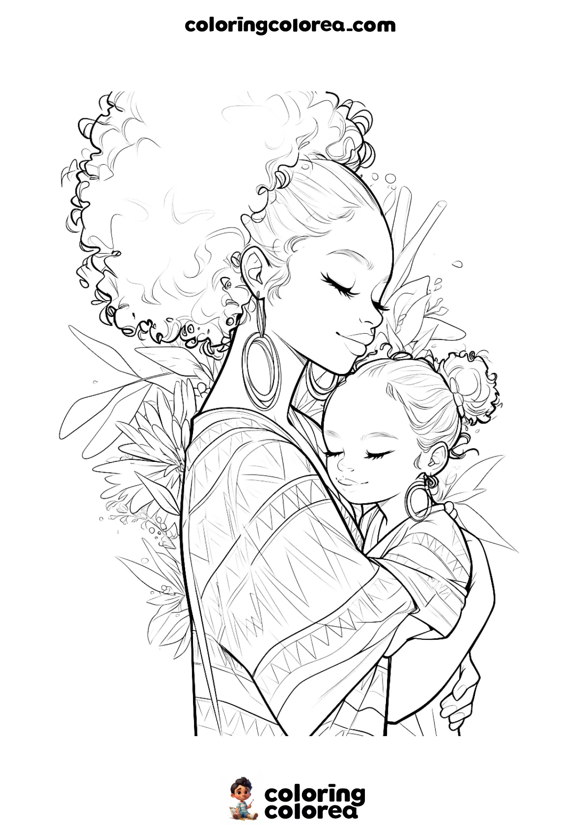 Dibujo para colorear gratis de una madre africana abrazando a su hija bebe