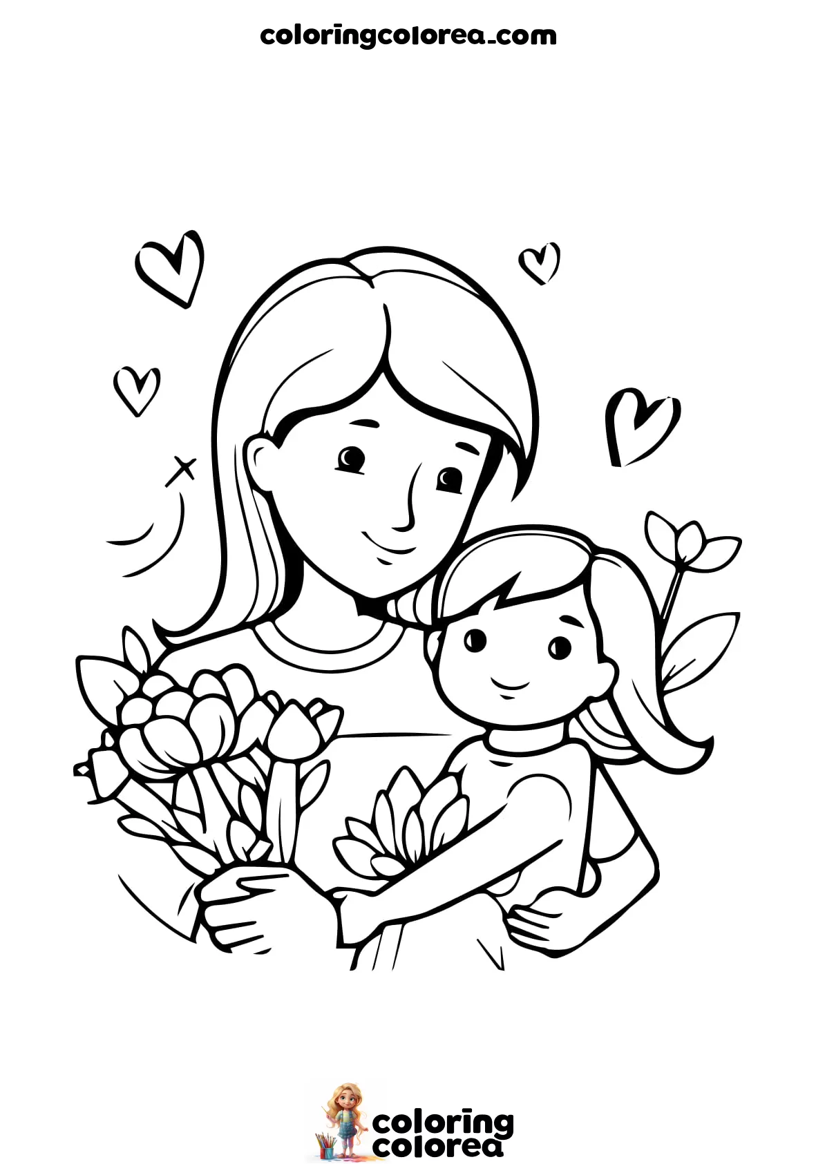 Dibujo para colorear de una madre y su hija. Día de la madre