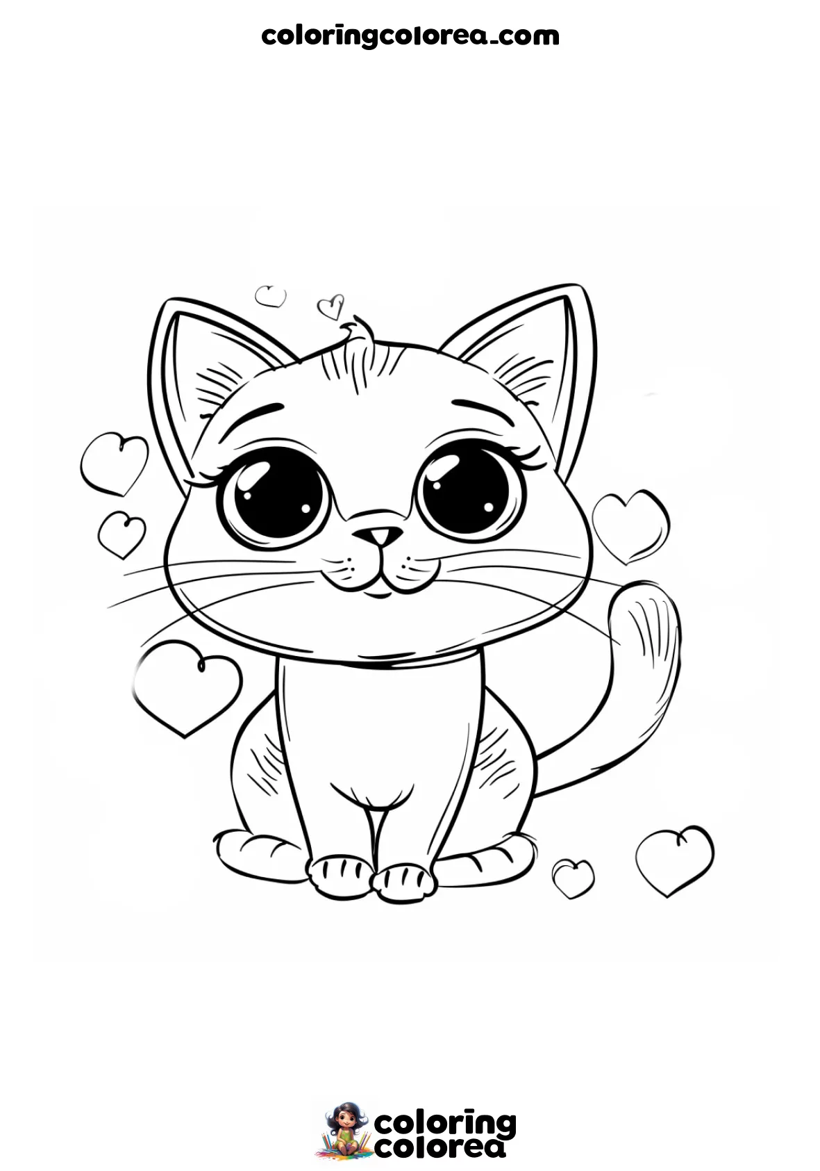 Dibujo para colorear gratis de un gato estilo kawaii con corazones