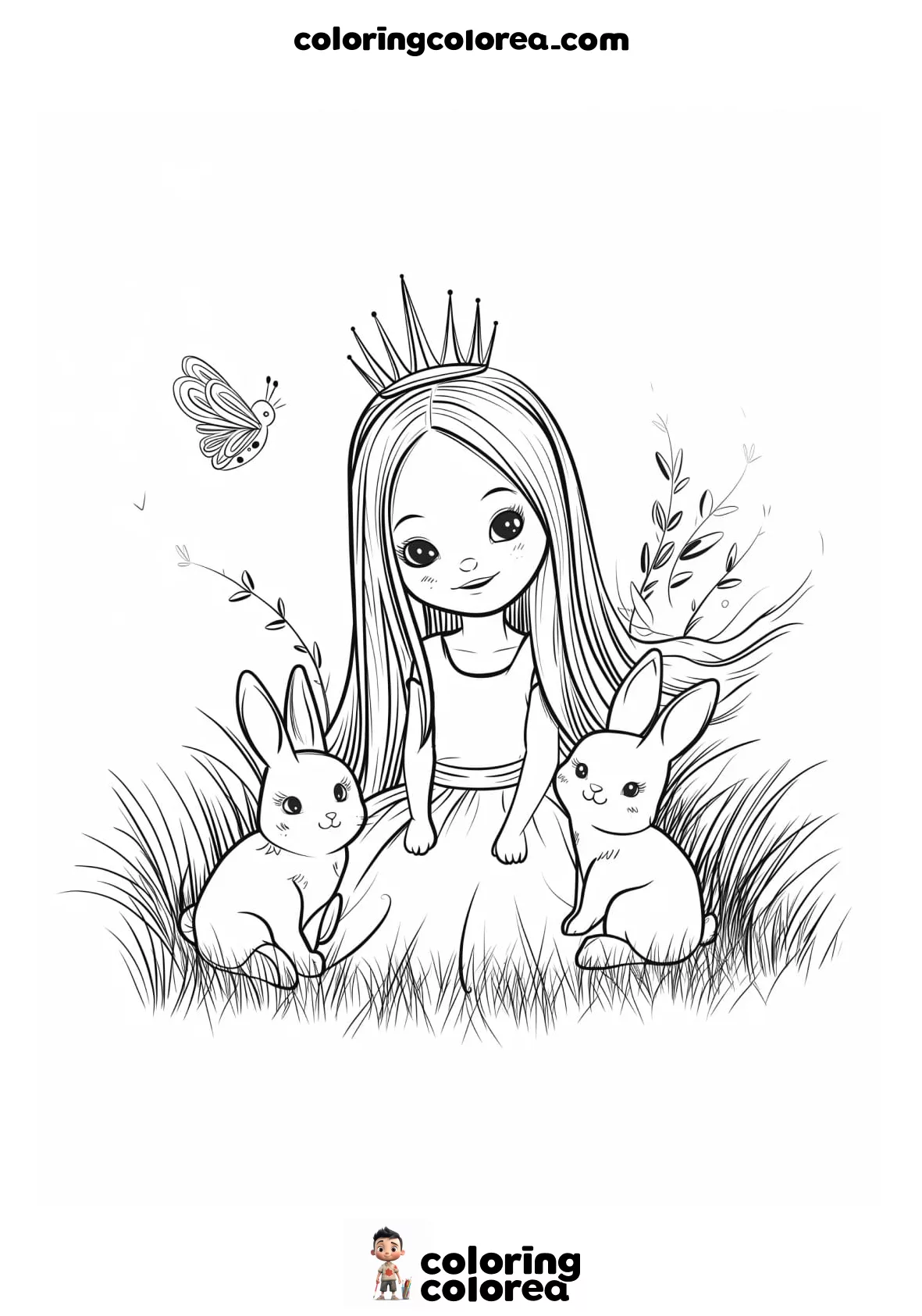 Dibujo para colorear gratis de una princesa con dos conejitos