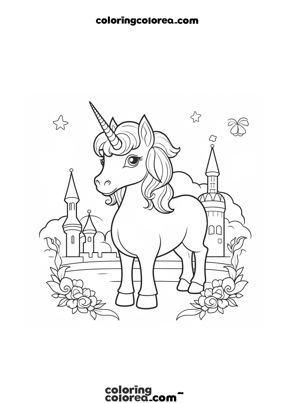 Dibujo para colorer de un unicornio con un castillo de fondo