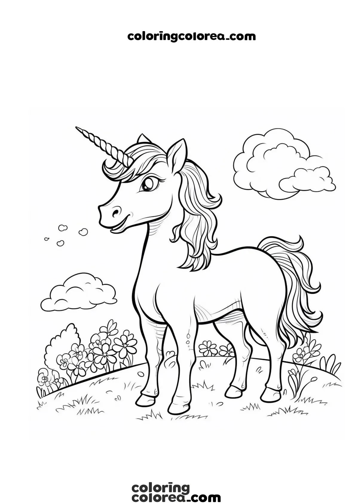 Dibujo para colorear de un unicornio en el campo