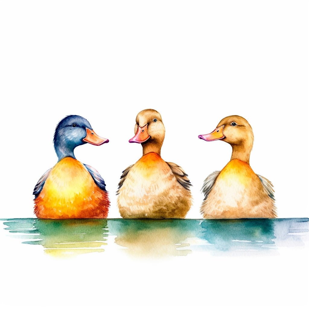 Ilustración con vista frontal de tres patos en el agua