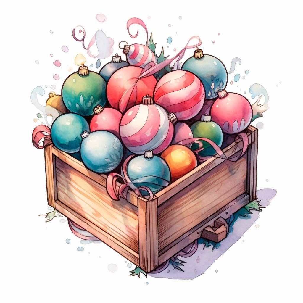 Dibujo de un caja lena de bolas de navidad y otros adornos