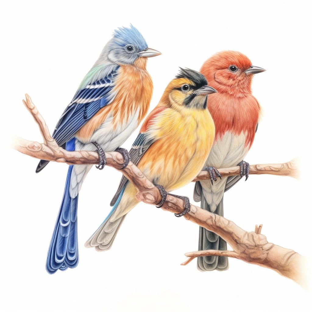 Ilustración realista de varios pájaros en diferentes colores