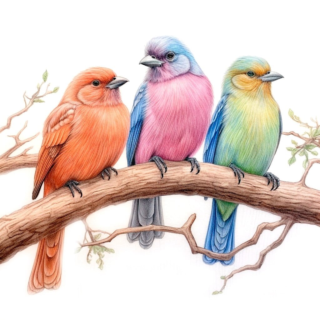 Ilustración realista de varios pájaros en diferentes colores