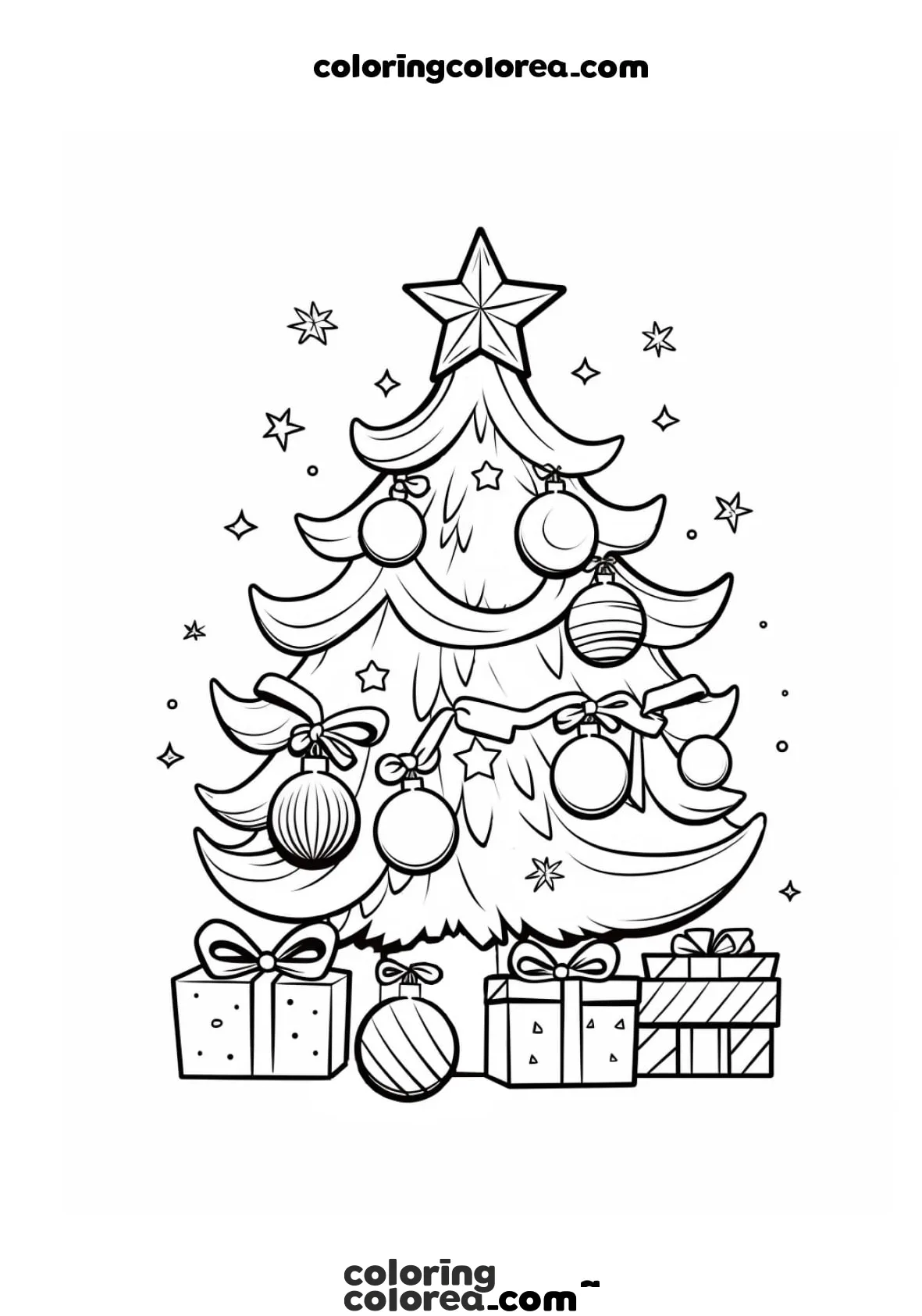 Colorear dibujo de árbol de navidad decorado con bolas, cintas y regalos