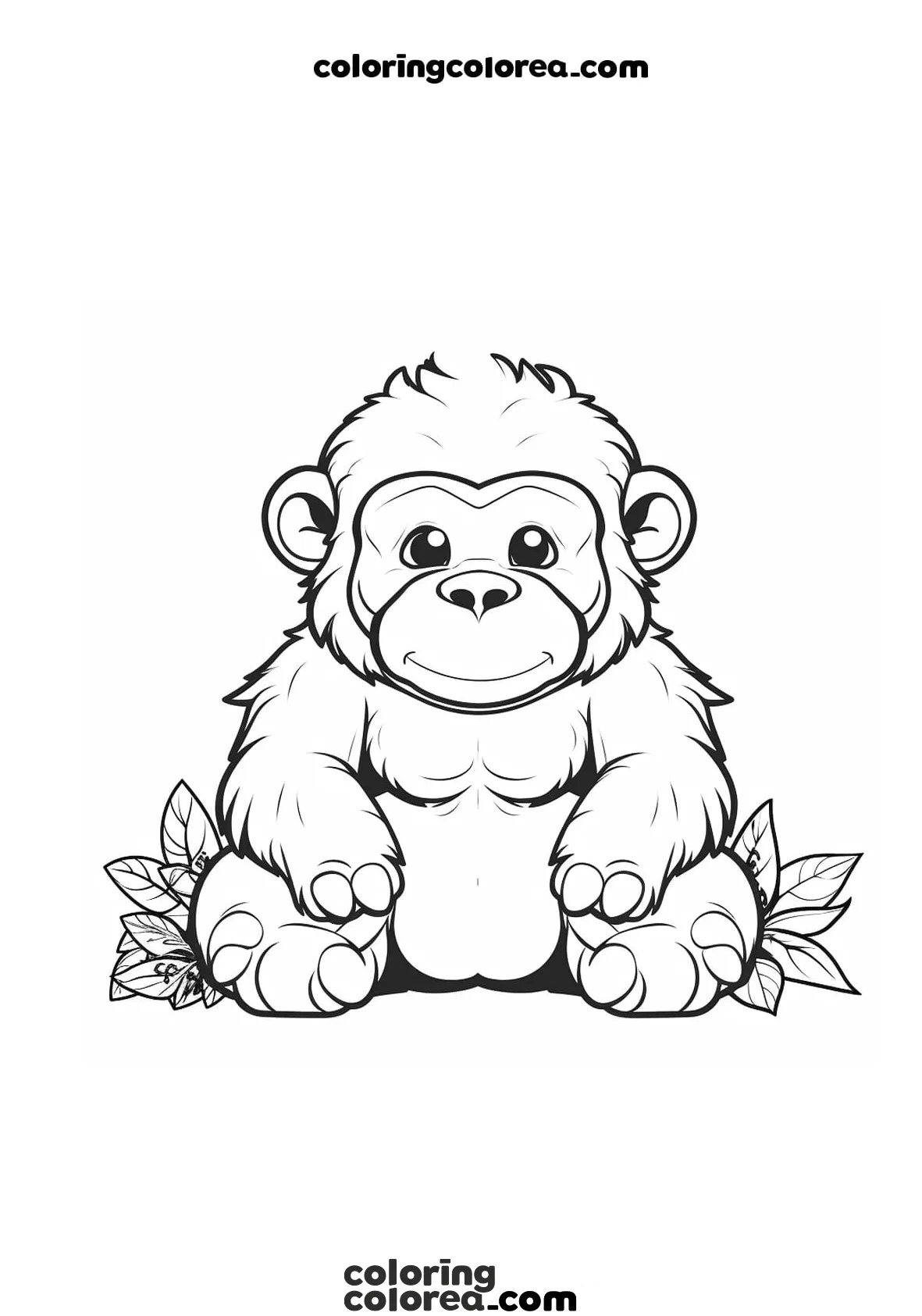 Dibujo para colorear gratis de un pequeño bebé gorila sentado de frente