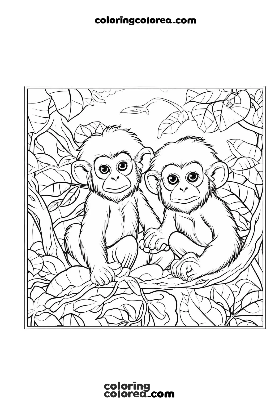 Colorea a estos dos monos pequeños subidos a un árbol en la selva