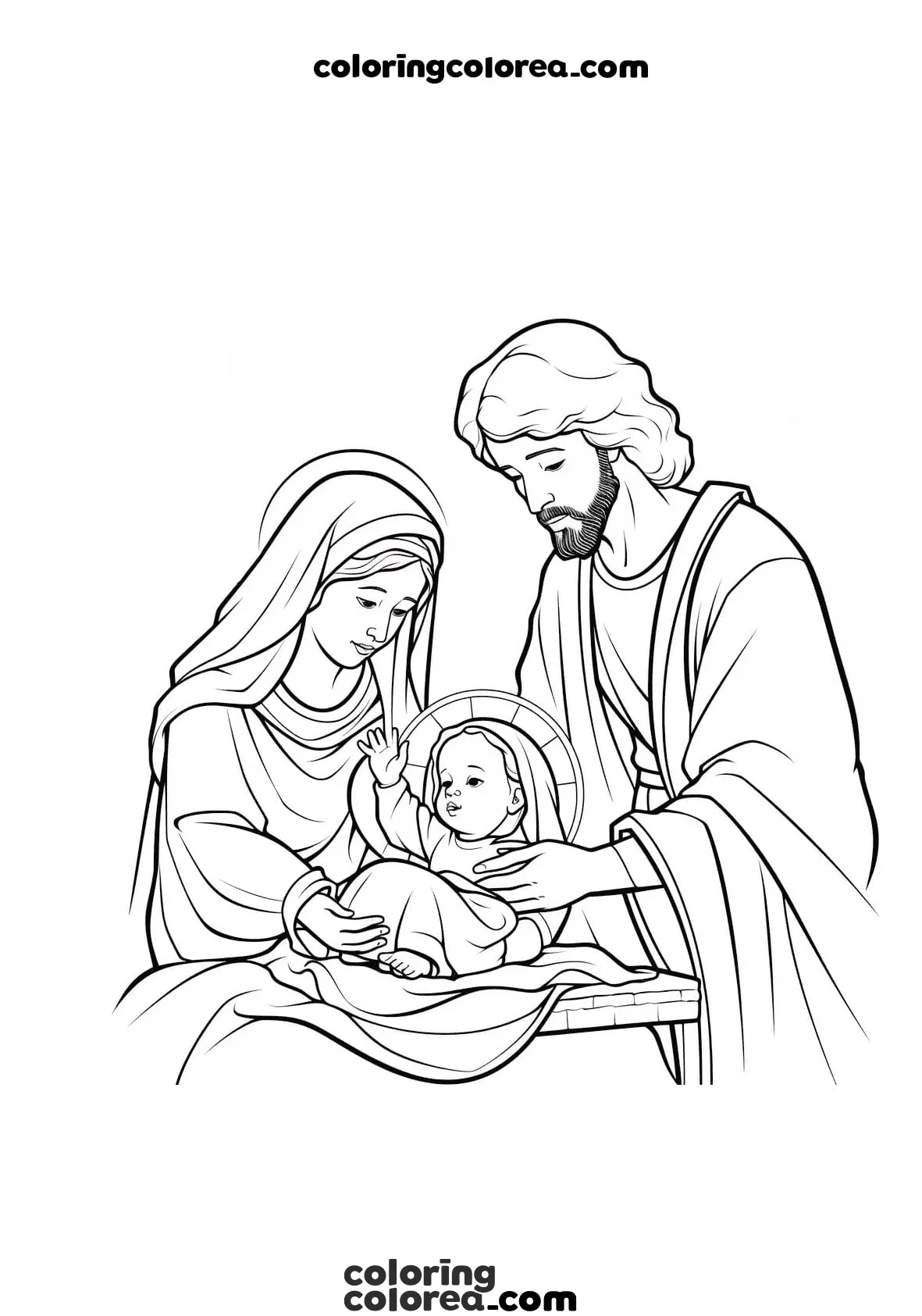 Haz clic para imprimir este contenido Dibujo para colorear gratis del niño Jesús, José y la Virgen María