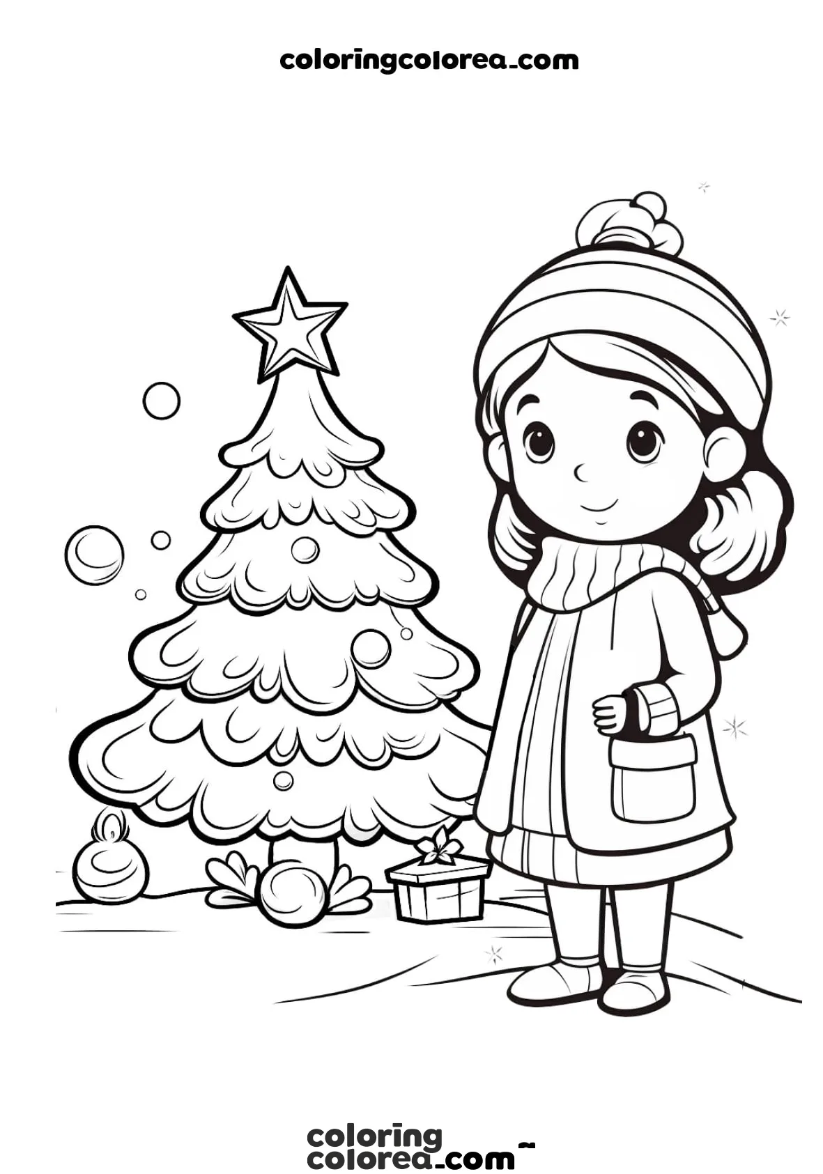 Colorear gratis dibujo de una niña junto al árbol de Navidad