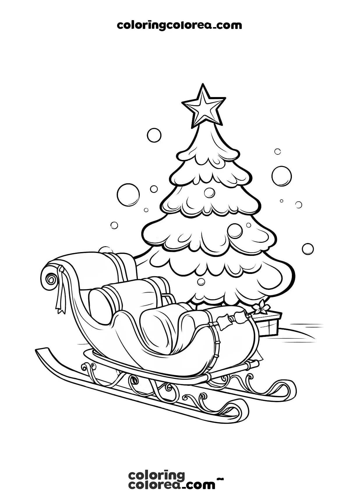 Dibujo para colorear del trineo de Papá noel con un árbol de Navidad