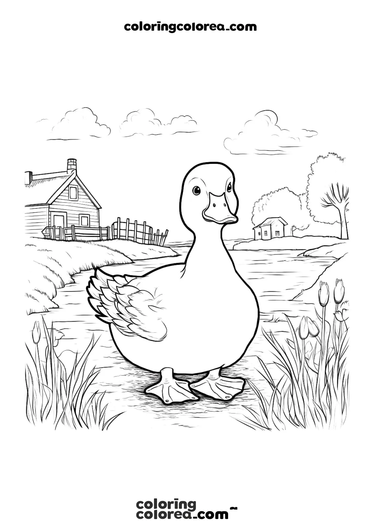 Colorear el dibujo de un pato cerca de la granja