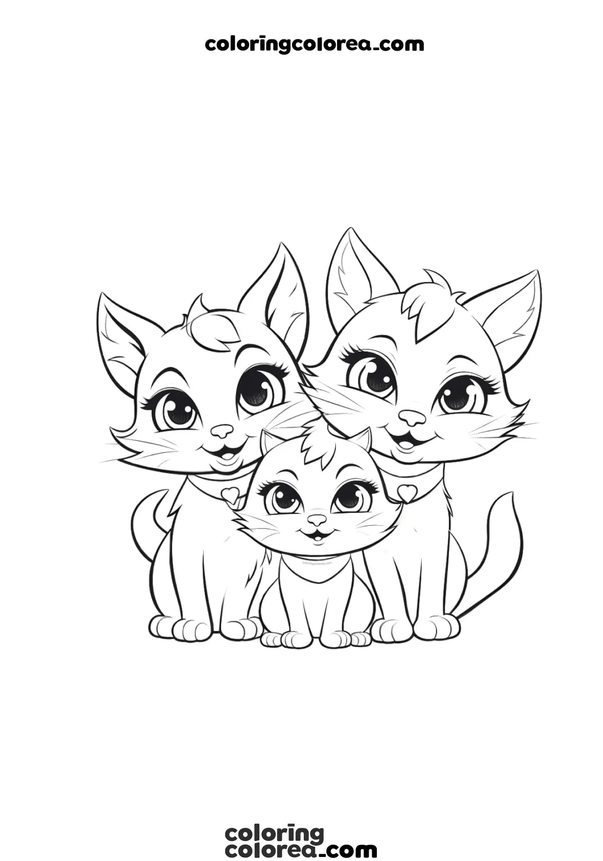 Familia de gatos con su cachorro para colorear