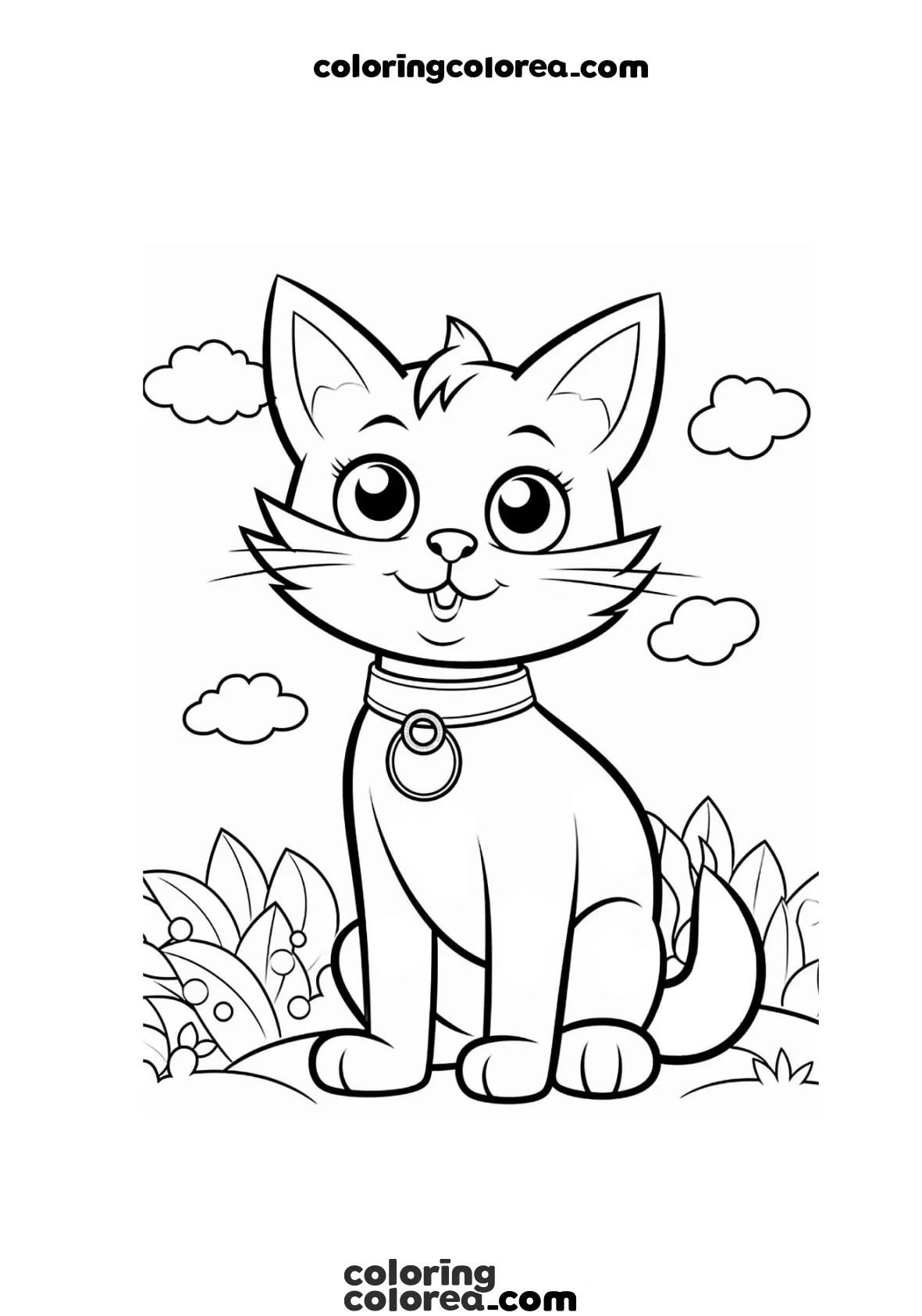 Dibujo para colorear de un Gato kawaii en el jardín