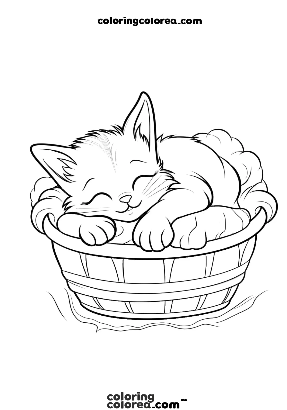 Dibujo para colorear de un gatito durmiendo en una cesta