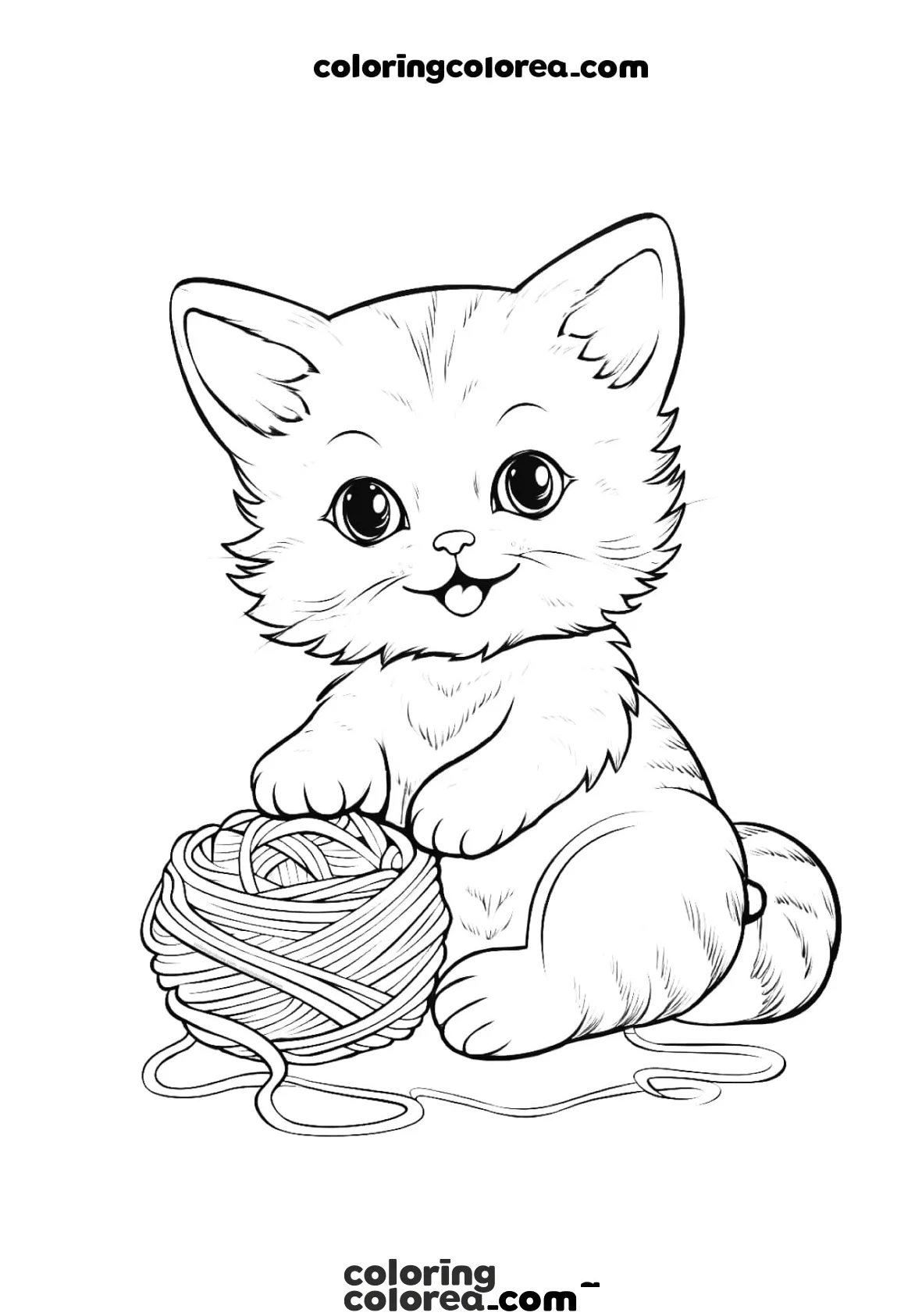 Dibujo para colorear de un cachorro de gato jugando con un ovillo de lana
