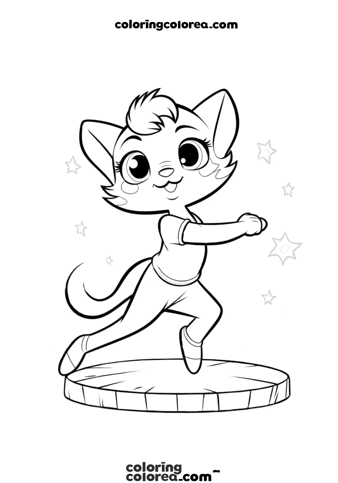 Dibujo para colorear de un Gato bailando sobre un escenario, estilo kawaii
