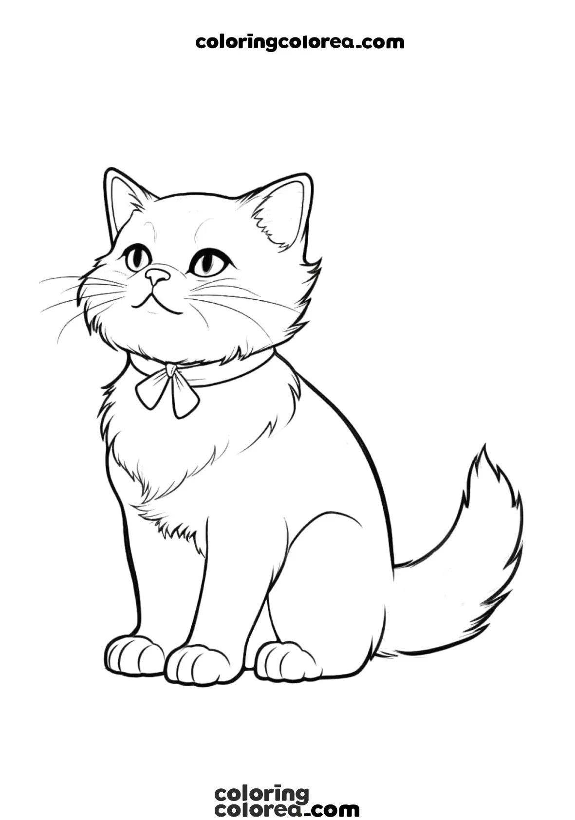 Dibujo para imprimir y colorear de un gato sentado con un lazo