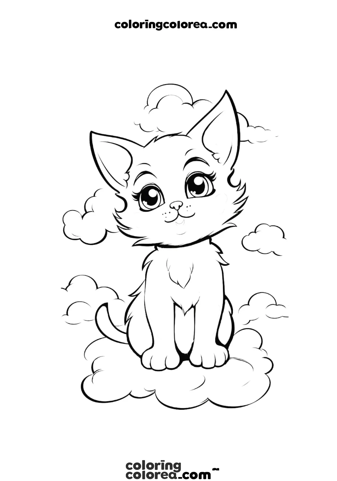 Dibujo para colorear de un cachorro de gato estilo kawaii sobre una nube