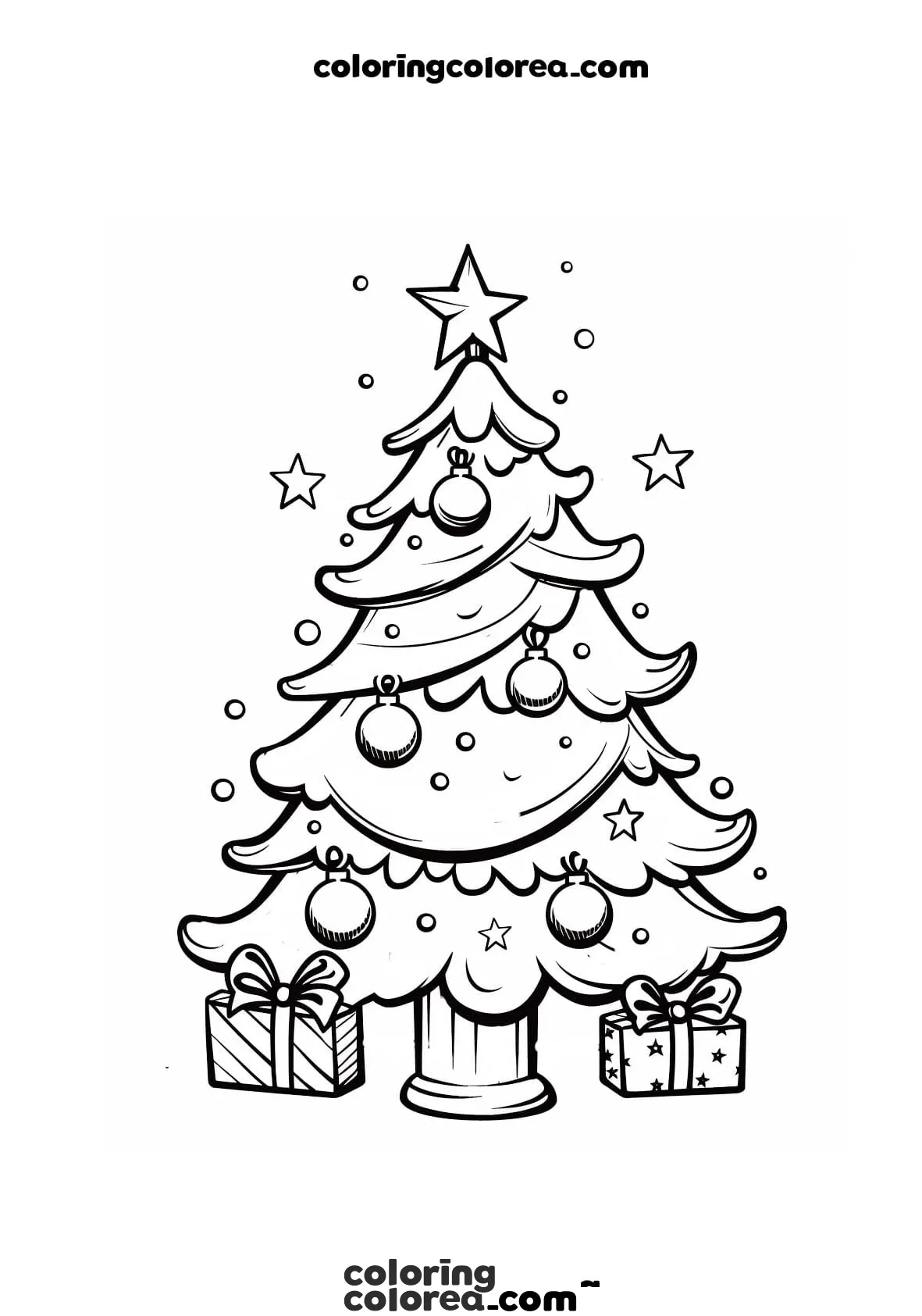 Dibujo para colorear de Arbol de Navidad con bolas de adorno y estrella