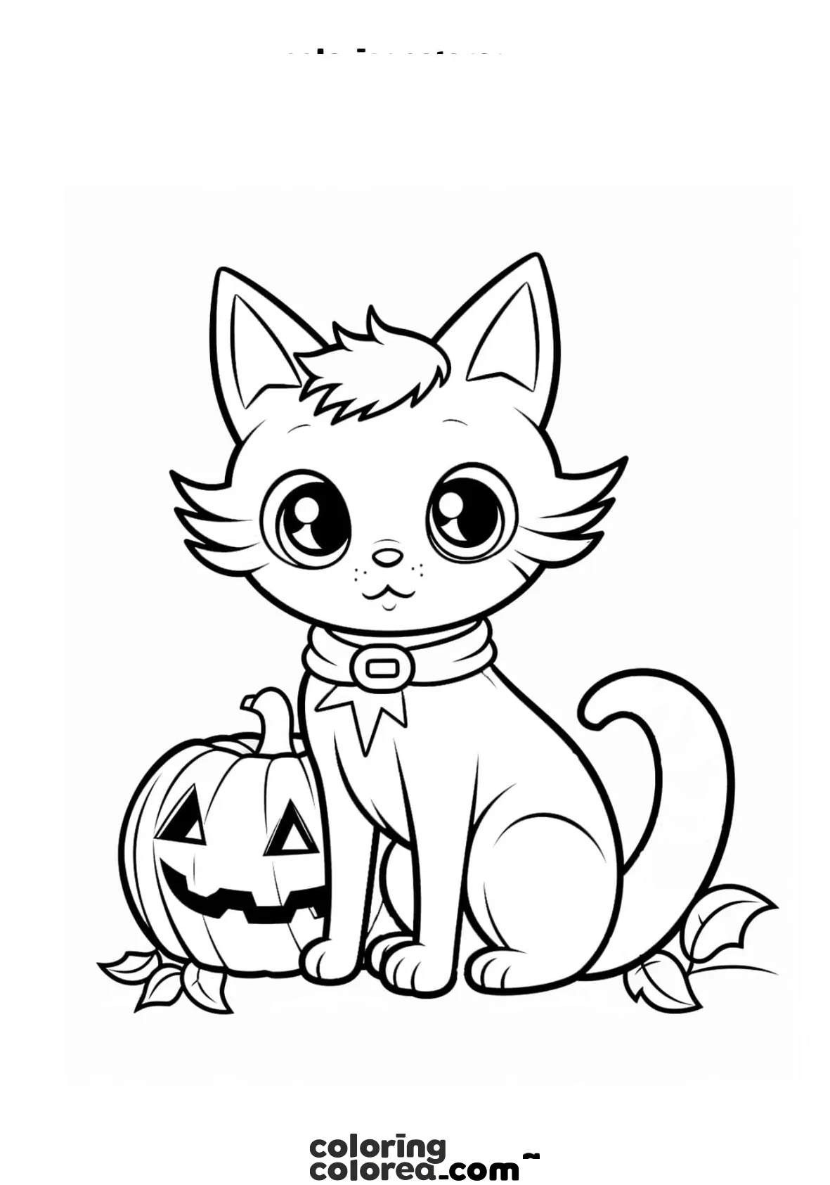Dibujo para colorear de un gatito en Halloween con calabaza