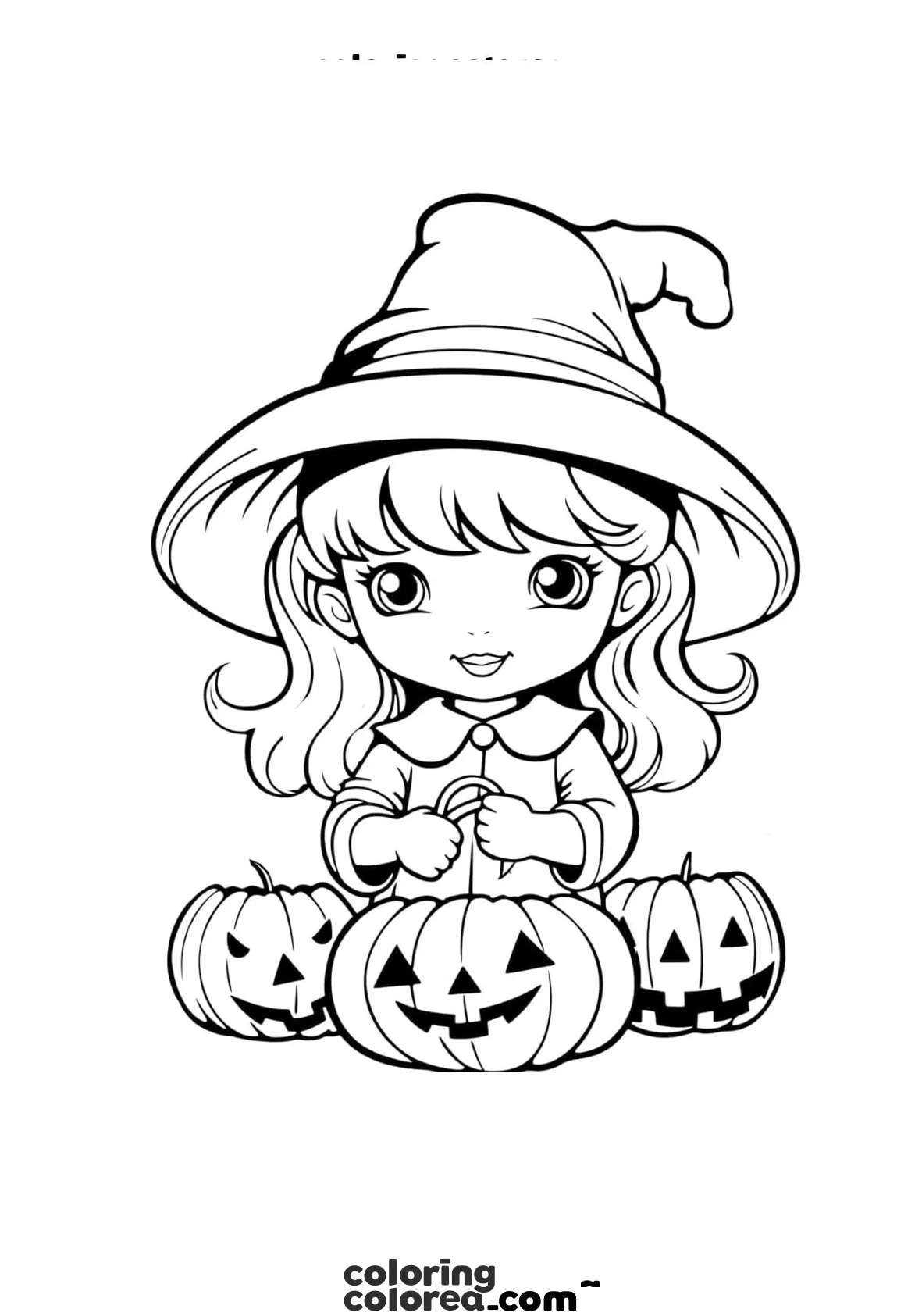 Niña pequeña con sombrero de bruja con calabazas de Halloween