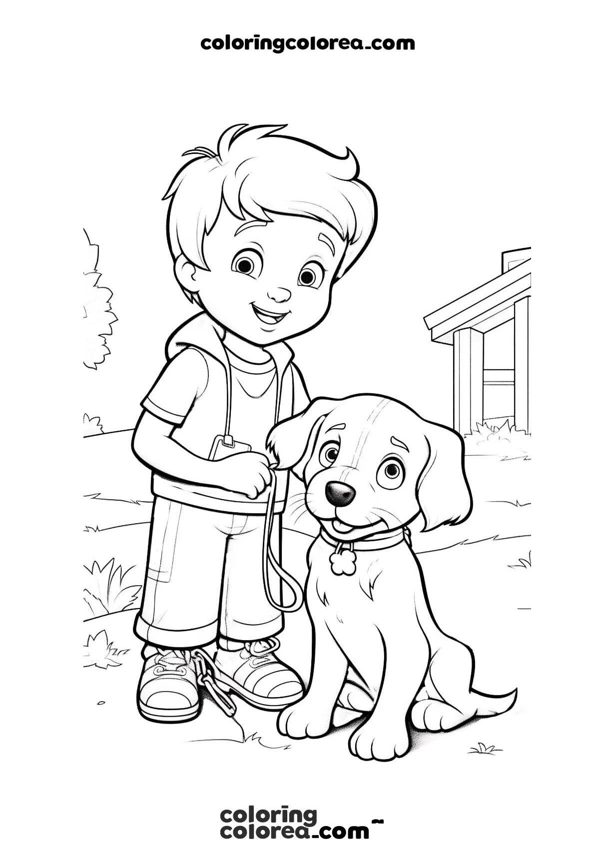 Dibujo para colorear de un Niño y su perro de paseo por el parque