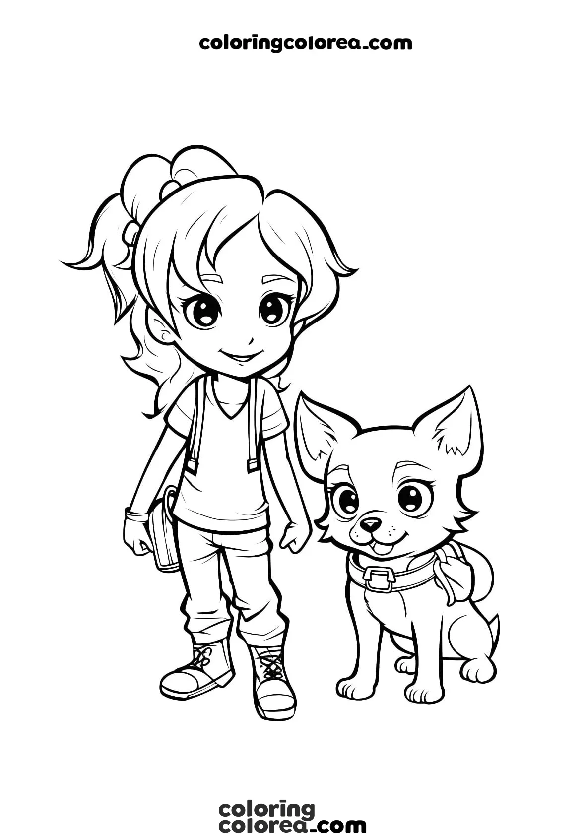 Dibujo de Niña paseando con su perro para colorear