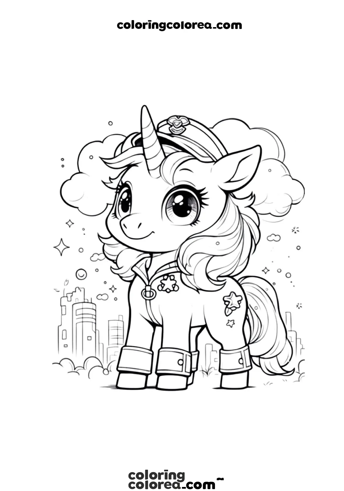 Colorear dibujo de un unicornio policía