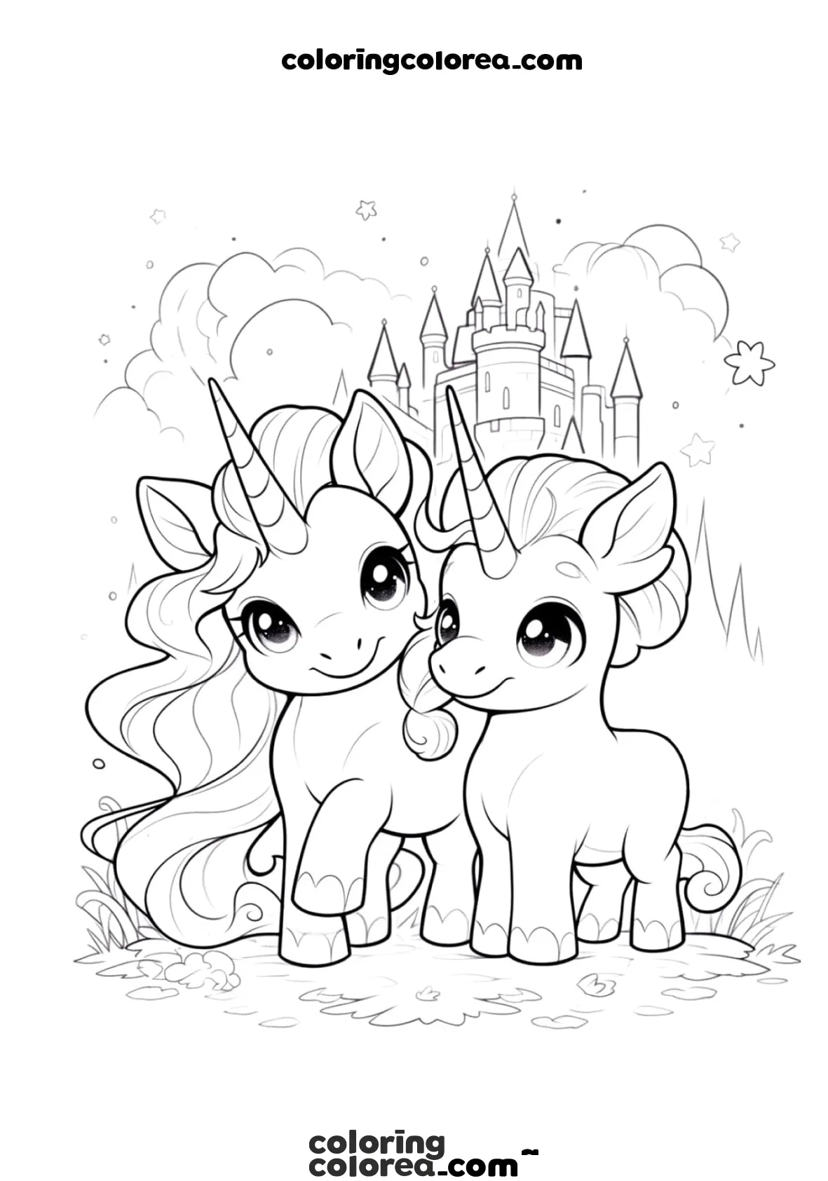 Dibujo para colorear de dos unicornio con un castillo de fondo