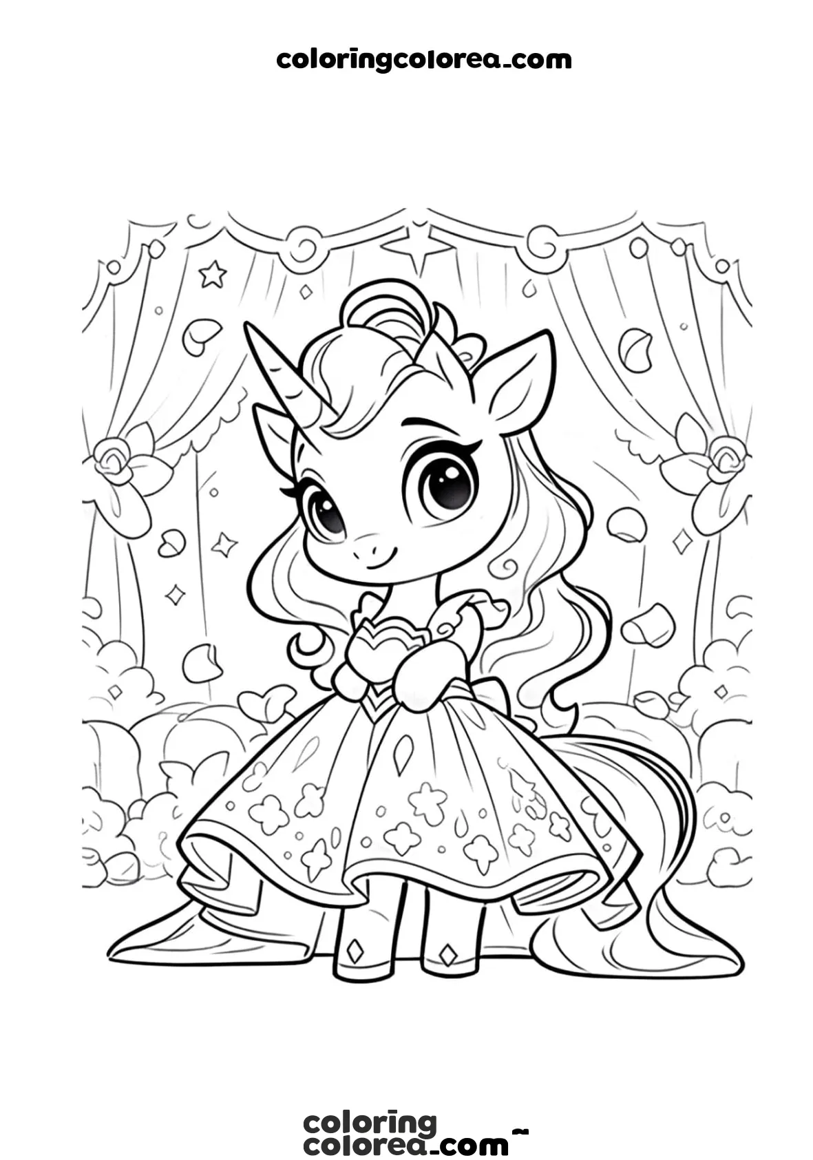 Colorear dibujo de un unicornio vestido con un vestido de gala