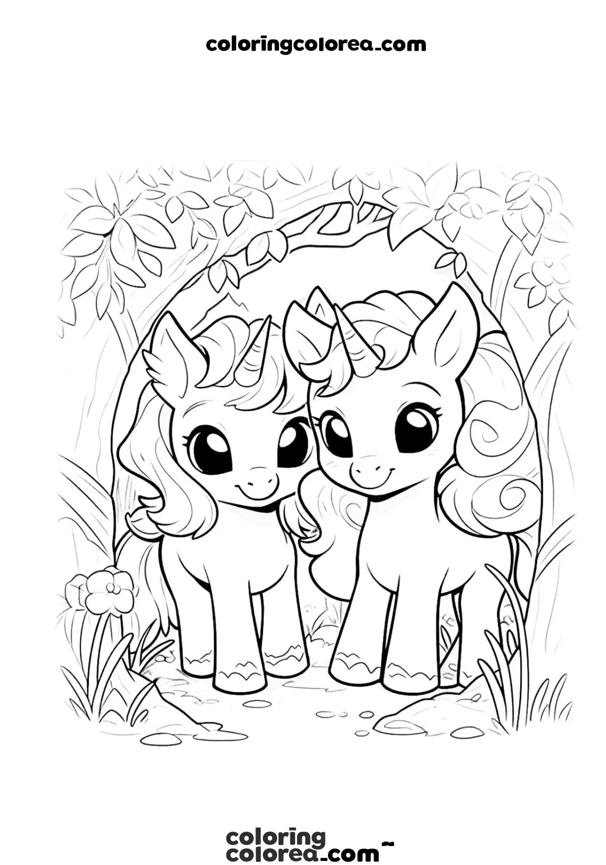 Dibujo para colorear de dos unicornios escondido en una cueva