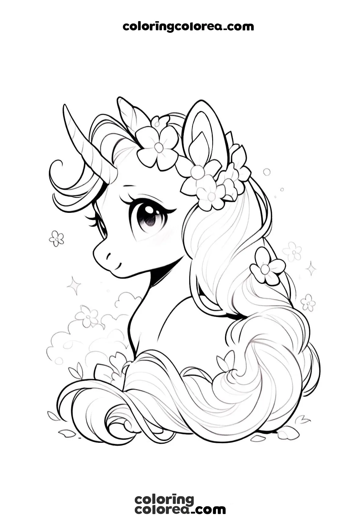 Retrato para colorear de un unicornio con una gran melena