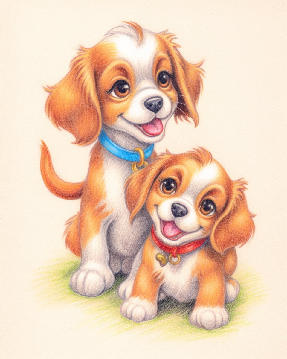 Ilustración de dos perros pequeños tipo cocker spaniel
