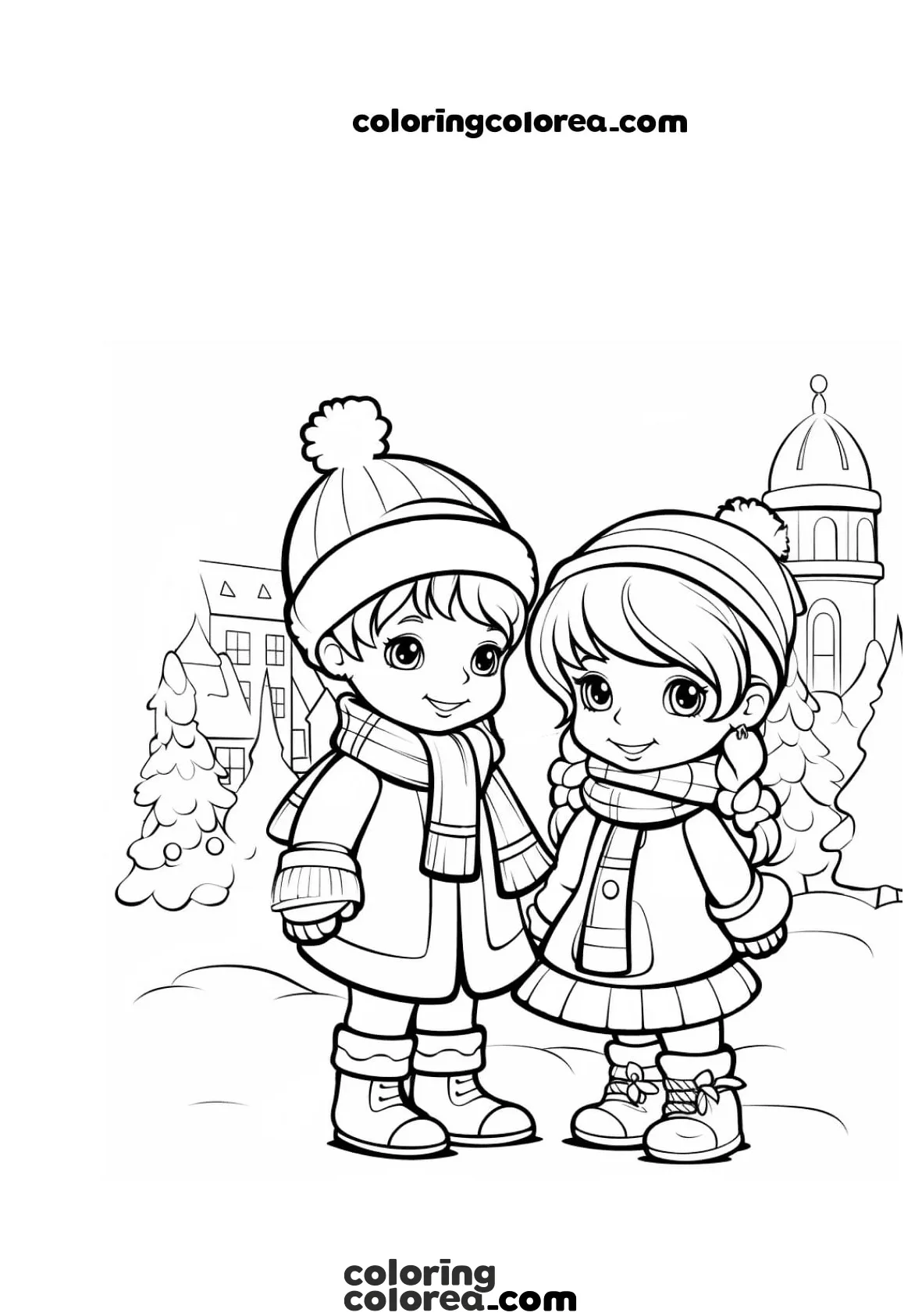 Colorear postal de niño y niña en invierno