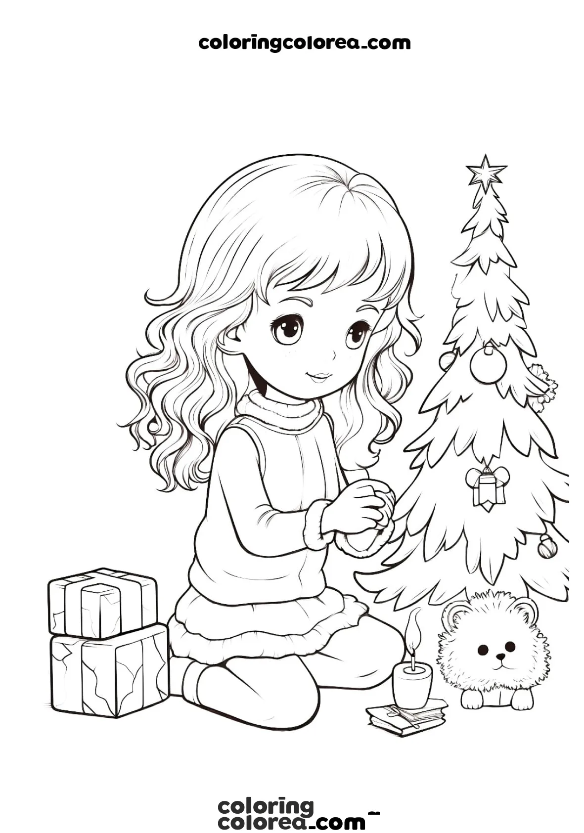 Colorear dibujo de una niña decorando el árbol de Navidad, estilo anime