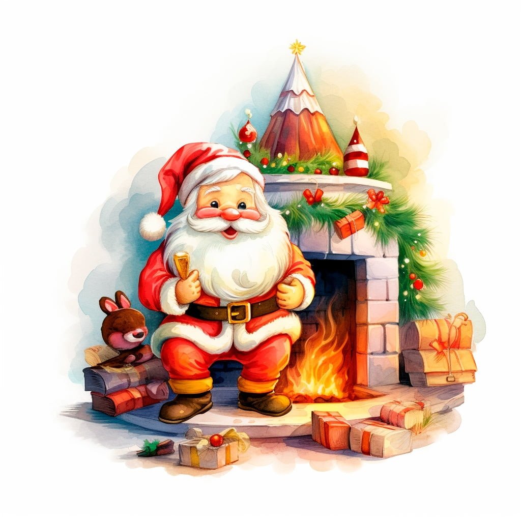 Dibujo de Papá Noel posando frente a la Chimenea repartiendo regalos