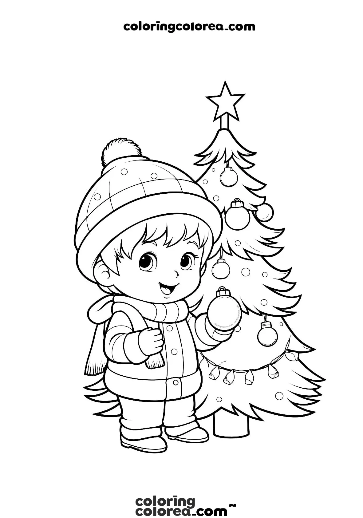 Dibujo para colorear de un niño colocando las bolas de Navidad en el árbol