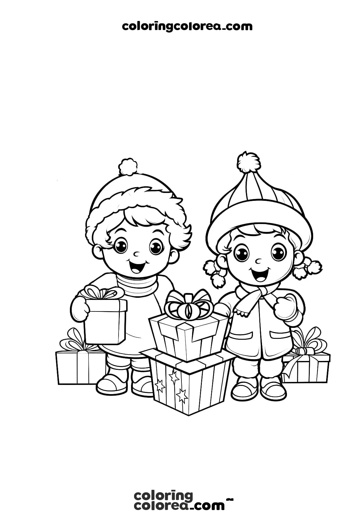 Colorear dibujo de niños con regalos de Navidad